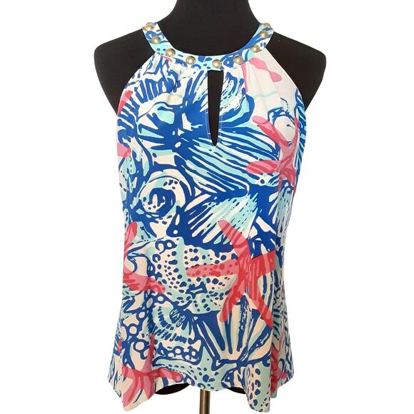 Lilly Pulitzer Rogan Top She Shells 100% Silk Blouse Womens M Starfish Preppy - Picture 1 of 10